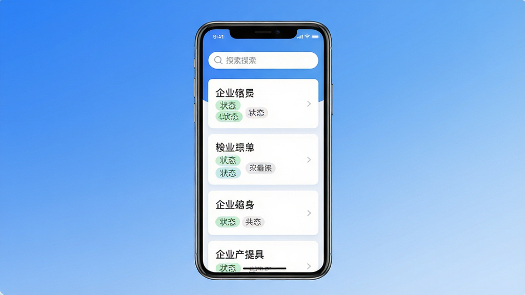 ��ҵ��Ϣ���ͨAPP���Ĺ���չʾͼ������Ϊ�ֻ���Ļ����ʾ�ḻ����ҵ��Ϣ��Ƭ�б�������Ϊ���е��ֻ�չʾ���Ű��Ϸ�Ϊ�������·�Ϊ��Ϣ�б������Ϊ��ˬ��ƽ����ƣ�ϸ�ڰ�����ɫ���䱳������ɫ��Ƭ����ҵ���ƺ�״̬��ǩ�����ʸ��壬�ɾ��޶���Ԫ�ء�