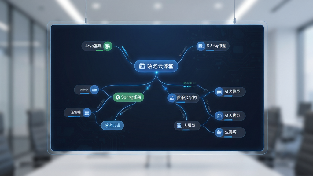 咕泡云课堂课程体系界面,画面主体为一块悬浮的虚拟屏幕,屏幕内展示树状课程结构图,根节点标注咕泡云课堂,分支包含Java基础、Spring框架、微服务架构、AI大模型等模块,布局为居中发散式排版,风格为简洁商务科技风,细节包含蓝色连接线、节点图标和进度标记,画质高清,干净,无多余元素