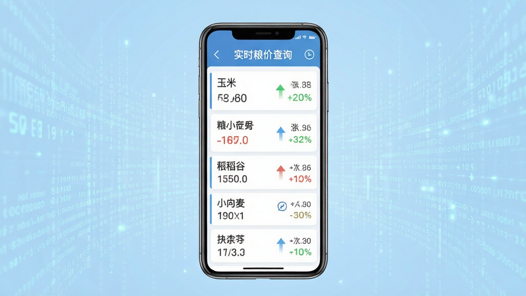 兴兴象农实时粮价查询功能界面,画面中一部手机屏幕显示多个粮食品种的价格列表,玉米小麦稻谷等名称和对应价格数字清晰可见,背景为淡蓝色科技感数据流,布局为手机居中展示,排版整齐,风格为现代扁平化设计,细节包括价格涨跌箭头和数据刷新图标,画质高清,干净,无多余元素。