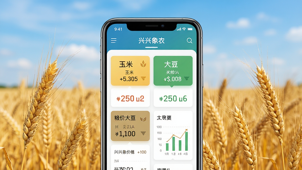 兴兴象农手机应用主界面展示,画面中央是一部智能手机,屏幕中显示粮食价格查询界面,包含玉米小麦大豆等粮价数据卡片,背景为金色麦田和蓝天,布局简洁清晰,排版为居中手机展示,风格为写实科技农业风,细节包括粮价数字和图表元素,画质高清,干净,无多余元素。