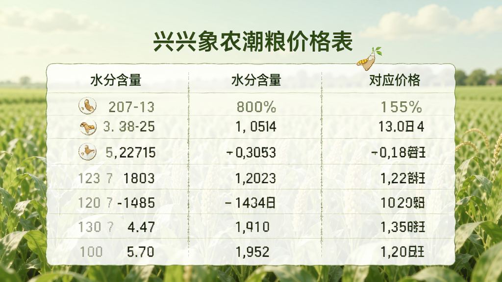 兴兴象农潮粮价格表界面,手机屏幕中显示潮粮价格表格,包含水分含量和对应价格列,背景为浅绿色农田风光,布局为手机居中,排版为表格形式,风格为清新农业风,细节包括水分百分比和价格数字,画质高清,干净,无多余元素。