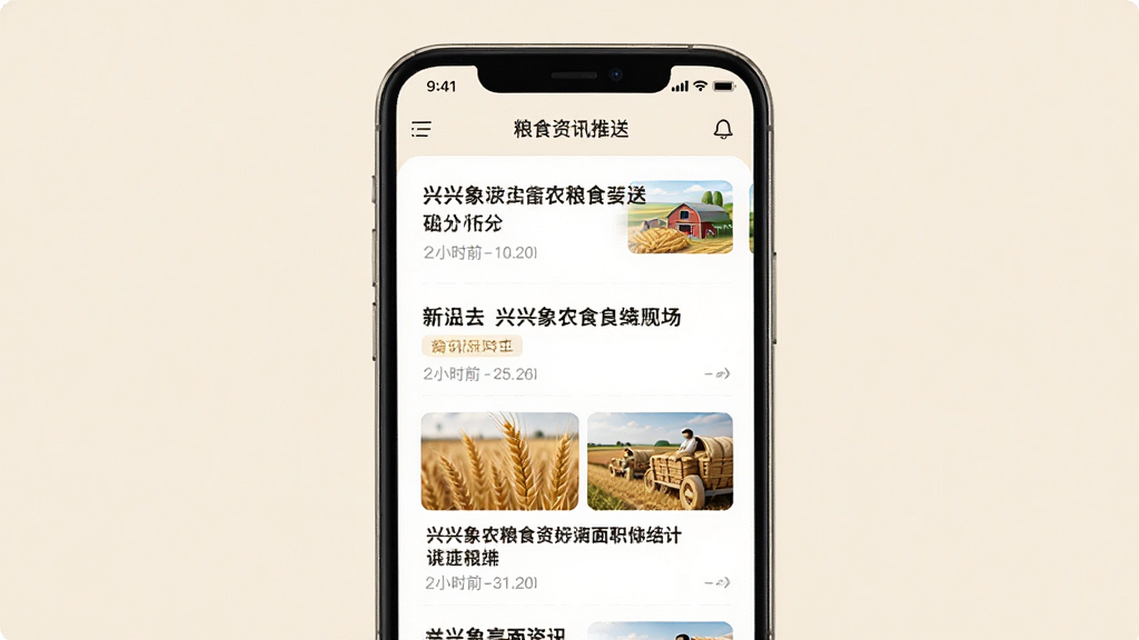 兴兴象农粮食资讯推送界面,手机屏幕中显示新闻列表和资讯卡片,背景为淡雅米色,布局为手机居中,排版为信息流形式,风格为阅读类应用设计,细节包括新闻标题和发布时间,画质高清,干净,无多余元素。