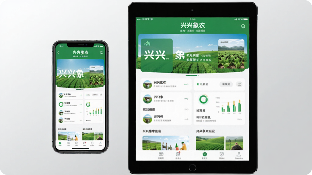 兴兴象农多端适配展示,画面中同时出现手机和平板设备,屏幕均显示兴兴象农应用界面,背景为浅灰色渐变,布局为设备并排展示,排版为产品展示风格,风格为科技简约风,细节包括设备边框和应用界面元素,画质高清,干净,无多余元素。
