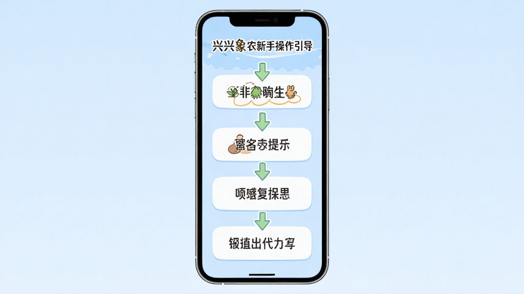 兴兴象农新手操作引导界面,手机屏幕中显示操作步骤示意图和提示文字,背景为柔和浅蓝色,布局为手机居中,排版为步骤引导形式,风格为友好教学风,细节包括箭头指示和文字说明框,画质高清,干净,无多余元素。