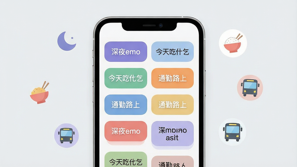一张展示Same主题频道与标签功能的界面示意图,画面中一部手机屏幕显示多个彩色标签卡片,卡片上写有“深夜emo”“今天吃什么”“通勤路上”等文字,标签呈网格状排列,背景为浅灰色。布局为手机居中,周围有少量漂浮的小图标如月亮、饭碗、公交车,风格为清新扁平化,细节包括标签圆角、柔和配色,画质清晰干净,无多余元素。