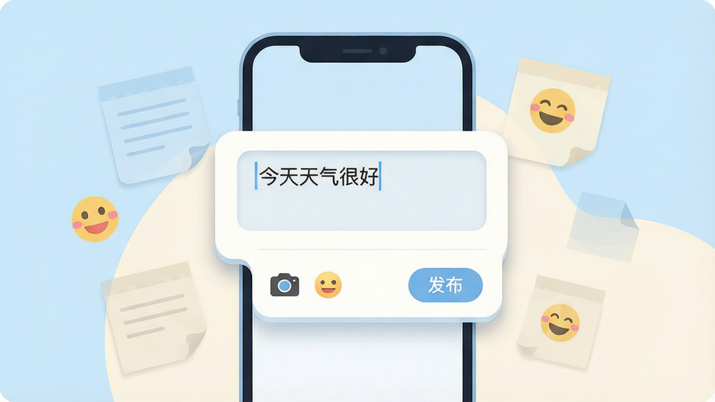 一张Same软件状态记录功能的界面截图风格插画,画面主体是一部手机,屏幕内显示一条正在编辑的状态卡片,输入框中有“今天天气很好”的文字,下方有相机和表情图标,右侧有发布按钮。布局为手机居中,周围漂浮着几个半透明的便签和笑脸元素,风格为扁平化插画,色调以浅蓝和米白为主,细节包括圆角输入框、柔和阴影,画质干净清晰,无杂乱装饰。
