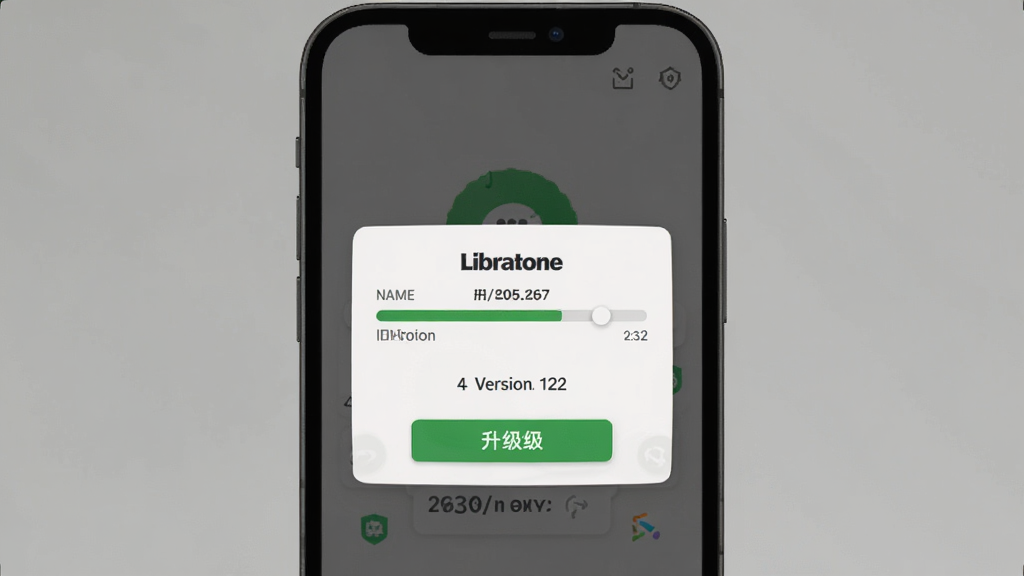 Libratone应用固件升级界面,主体为手机屏幕显示升级进度条和版本号,布局为居中弹窗设计,排版简洁,风格为轻拟物化,细节包含设备名称、旧版本号、新版本号、升级按钮,画质清晰,干净,无多余元素