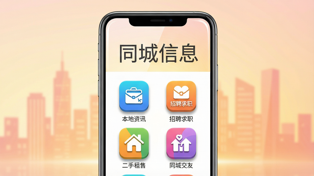 一张展示同城信息手机应用主界面的高清图片,画面中央是一部竖屏智能手机,屏幕内显示“同城信息”四个大字作为应用标题,下方排列着本地资讯、招聘求职、二手市场、房屋租售、同城交友等多个彩色功能图标,背景是柔和的城市剪影与暖色调渐变,整体布局采用居中对称排版,风格简洁现代,细节上图标带有轻微立体阴影,屏幕边缘有细腻的高光反射,画质清晰明亮,干净无多余元素