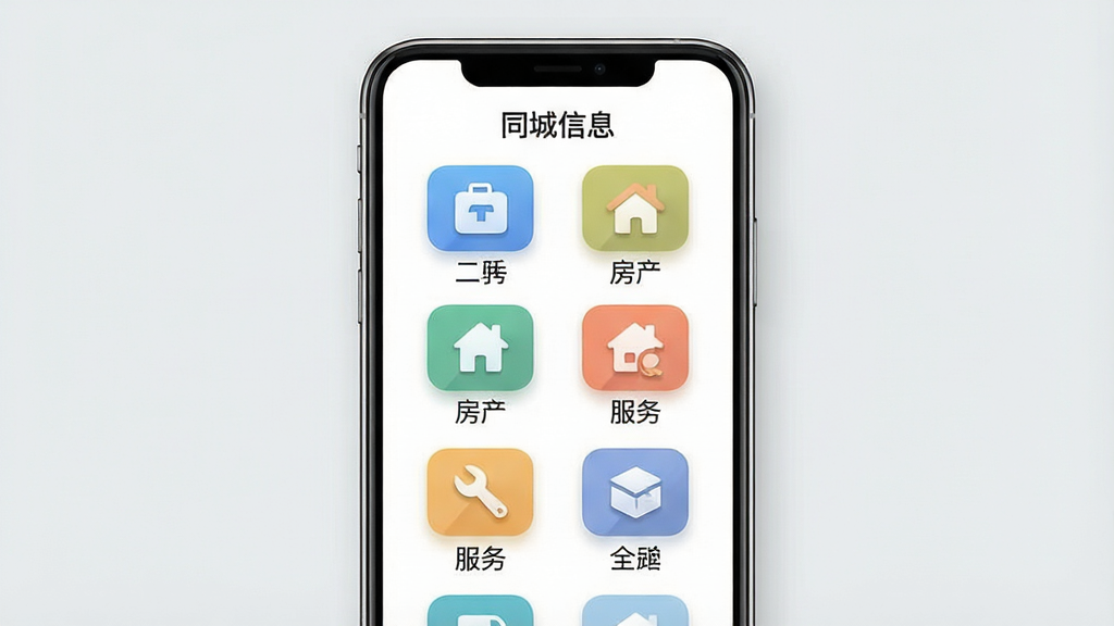 一张展示“同城信息”分类检索功能的AI生成图片,画面中央为一部手机屏幕,屏幕内呈现网格状分类图标,包括“招聘”“二手”“房产”“服务”等标签,每个图标下方有简短文字说明,背景为浅灰色调,布局采用整齐的宫格排版,风格清新简约,细节上图标带有圆角与淡色阴影,画质干净清晰,无多余元素