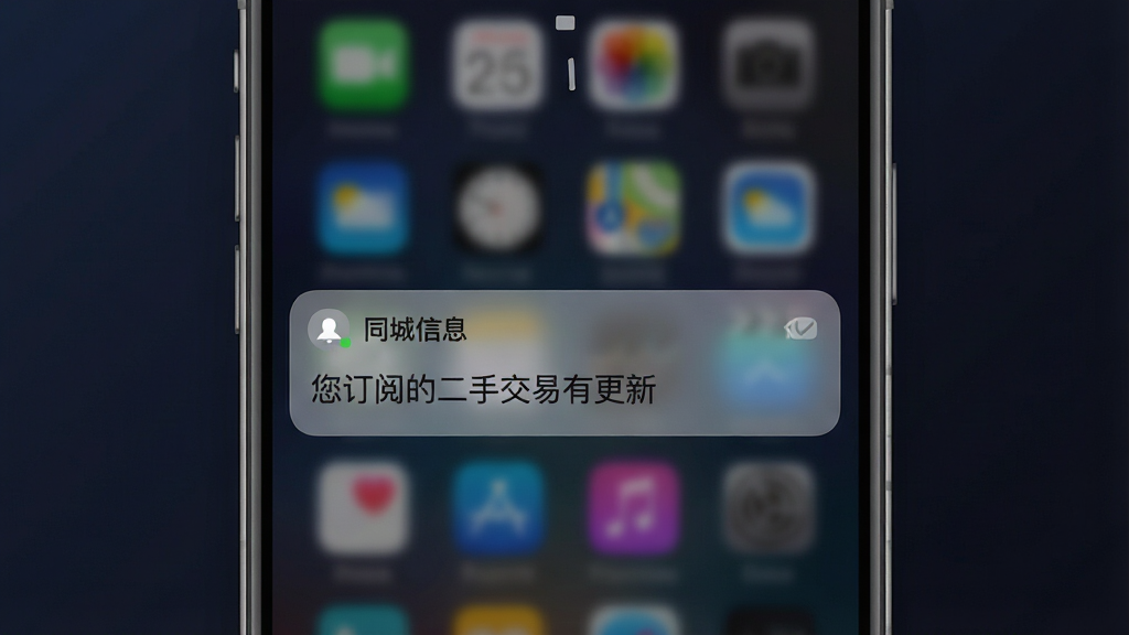 一张展示“同城信息”消息提醒功能的AI生成图片,画面主体为手机锁屏界面,屏幕上显示一条来自“同城信息”的通知卡片,卡片内写有“您订阅的二手交易有更新”字样,背景是深色渐变,布局采用居中排版,风格现代简洁,细节上通知卡片有轻微毛玻璃效果,画质清晰,干净无多余元素