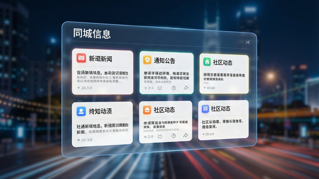 一张以“同城信息”本地资讯功能为主题的AI生成图片,画面主体为一块悬浮在空中的虚拟信息面板,面板上整齐排列着新闻卡片、通知公告和社区动态,每张卡片带有小图标和简短标题,背景是模糊的城市夜景与流动的光点,布局采用上下分层排版,风格偏向科技感与生活感结合,细节上卡片边缘有柔和光晕,画质高清锐利,干净无多余元素