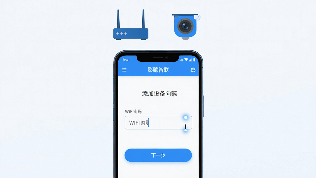 影腾智联手机端添加设备操作步骤图,主体为一部竖屏安卓手机,屏幕显示影腾智联APP的添加设备向导页面,页面中央有WiFi密码输入框和下一步按钮,手机上方漂浮着路由器图标和摄像头图标,布局为上下结构,风格为扁平化科技蓝,细节包括按钮高亮、输入框有光标闪烁效果、背景有淡色网格纹理,画质高清,干净无多余元素。