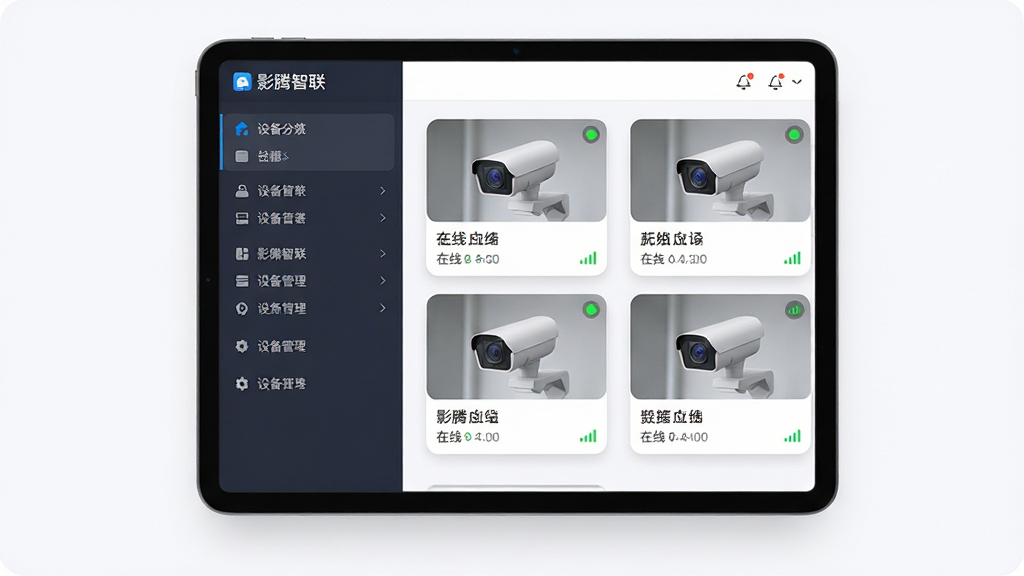 影腾智联多设备管理功能界面展示,主体为一部横屏平板设备,屏幕内显示影腾智联APP的设备列表页面,左侧为设备分组菜单,右侧为四个摄像头缩略图卡片,每张卡片带有在线状态小圆点和信号强度图标,布局为左右分栏式,排版整齐留白适中,风格为清爽商务浅色系,细节包括卡片圆角、阴影柔和、文字清晰,画质高清,干净无多余元素。