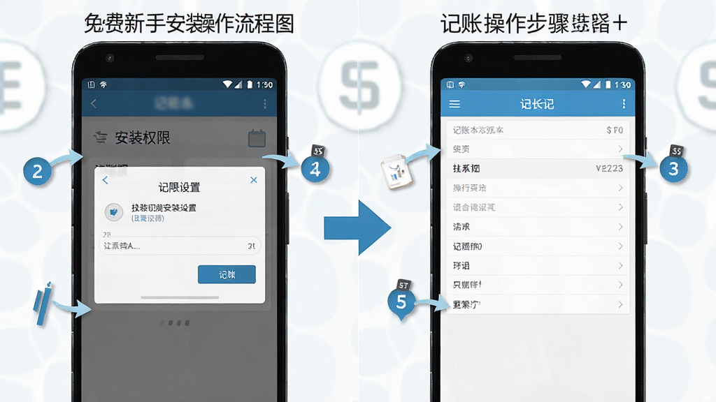 记账本免费新手安装操作流程图,主体为安卓手机显示安装权限设置界面和记账操作步骤,布局为左右分栏左侧显示设置界面右侧显示记账界面,风格为教程图解风格,细节包含箭头指引和步骤编号,画质高清,干净,无多余元素