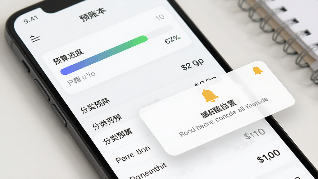 记账本免费预算管控与提醒功能展示,主体为手机屏幕显示预算设置界面和提醒弹窗,布局为屏幕上方显示预算进度条,下方显示分类预算列表,风格为简洁工具类应用界面风格,细节包含进度条颜色变化和铃铛提醒图标,画质高清,干净,无多余元素
