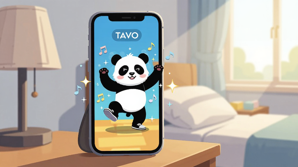 一个明亮的卧室场景,床头柜上的手机屏幕显示TAVO跳舞闹钟正在播放舞蹈动画,屏幕中一个卡通熊猫在跳街舞,周围有音符和闪光的特效,主体是手机和跳舞熊猫,布局为手机占据画面中心偏左,右侧是窗外的晨光,风格为扁平化插画,细节包括手机边框、床头台灯、枕头,画质清晰,干净,无多余元素
