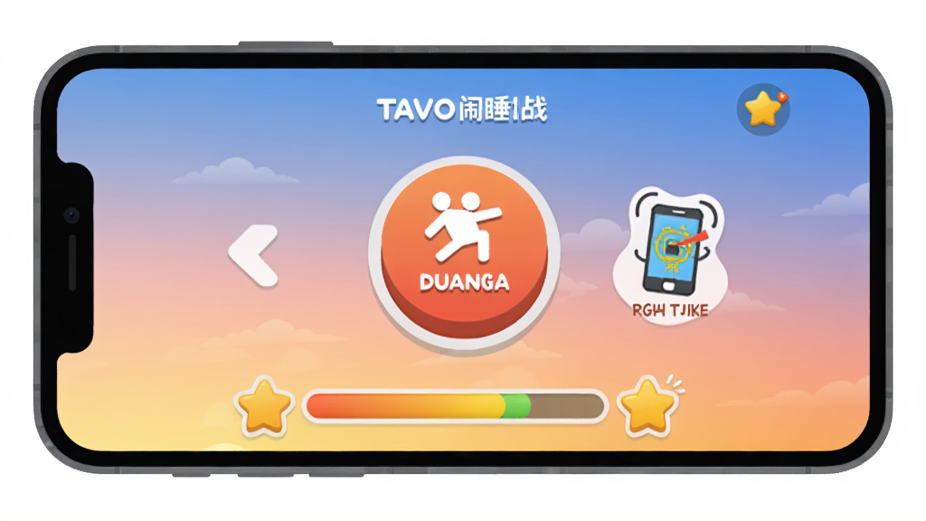 一个手机屏幕显示TAVO跳舞闹钟的贪睡挑战界面,屏幕中央有一个大大的跳舞按钮和摇晃手机的提示图标,背景是清晨天空的渐变色,主体是手机和交互按钮,布局为居中,风格为卡通扁平化,细节包括按钮的立体感、进度条、小星星奖励图标,画质清晰,干净,无多余元素