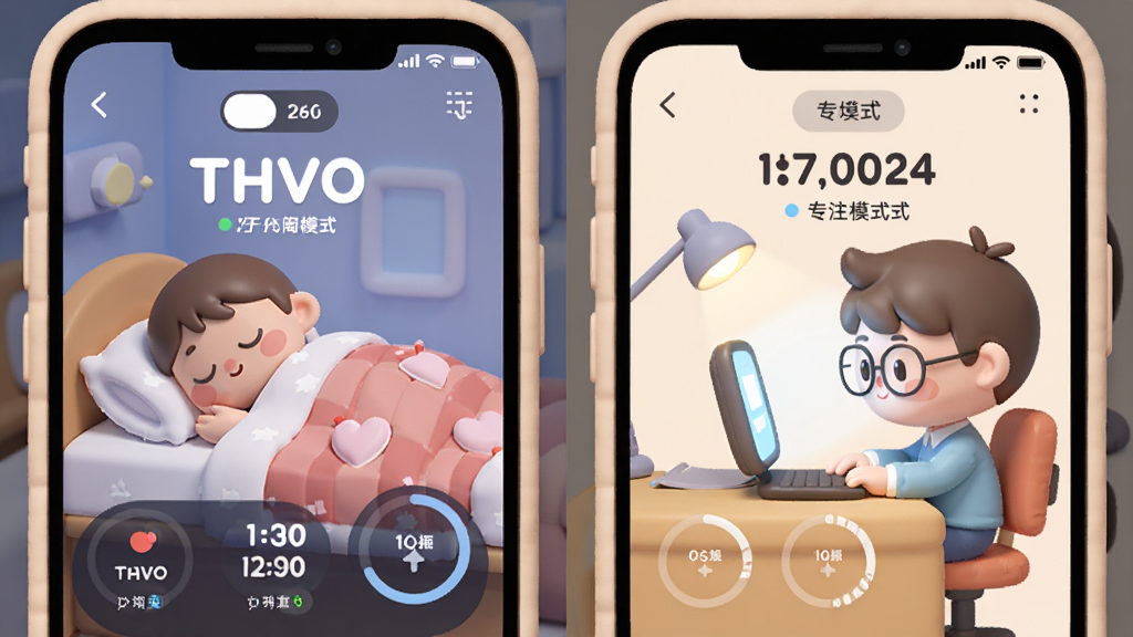 一个分屏画面,左侧显示TAVO跳舞闹钟的午休模式界面,右侧显示专注模式界面,屏幕中分别有睡觉的卡通人物和专注工作的卡通人物,主体是手机双屏对比,布局为左右并排,风格为柔和圆角设计,细节包括模式切换标签、时间显示、进度环,画质高清,干净,无多余元素