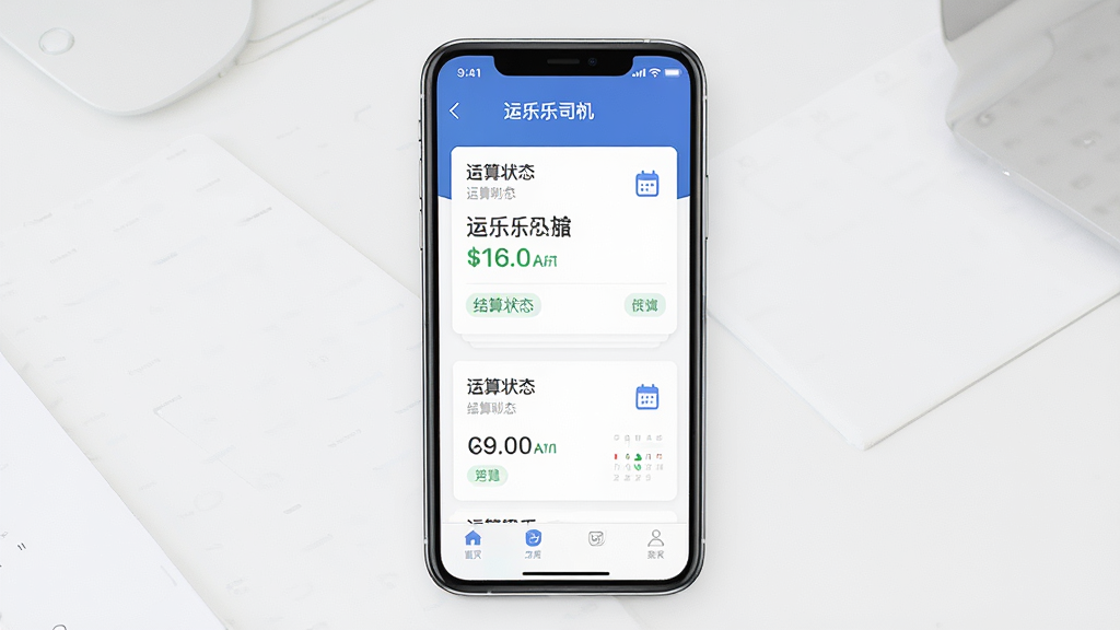 画面中央为手机屏幕展示“运乐乐司机”的运费明细页面,布局采用卡片式排版,风格为简洁商务风,细节包含金额数字、结算状态标签、日历图标,画质清晰,干净,无多余元素