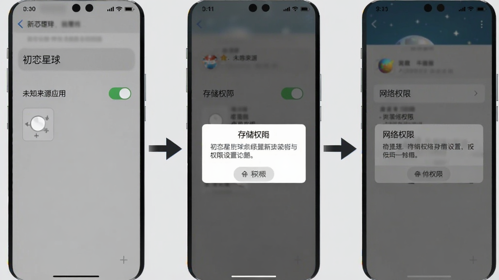 初恋星球新手安装与权限设置流程图,画面以手机屏幕截图风格展示设置菜单中“未知来源应用”开关、存储权限弹窗、网络权限弹窗三个步骤,背景为浅灰色,箭头引导清晰,文字标注简洁,画质干净,无多余元素