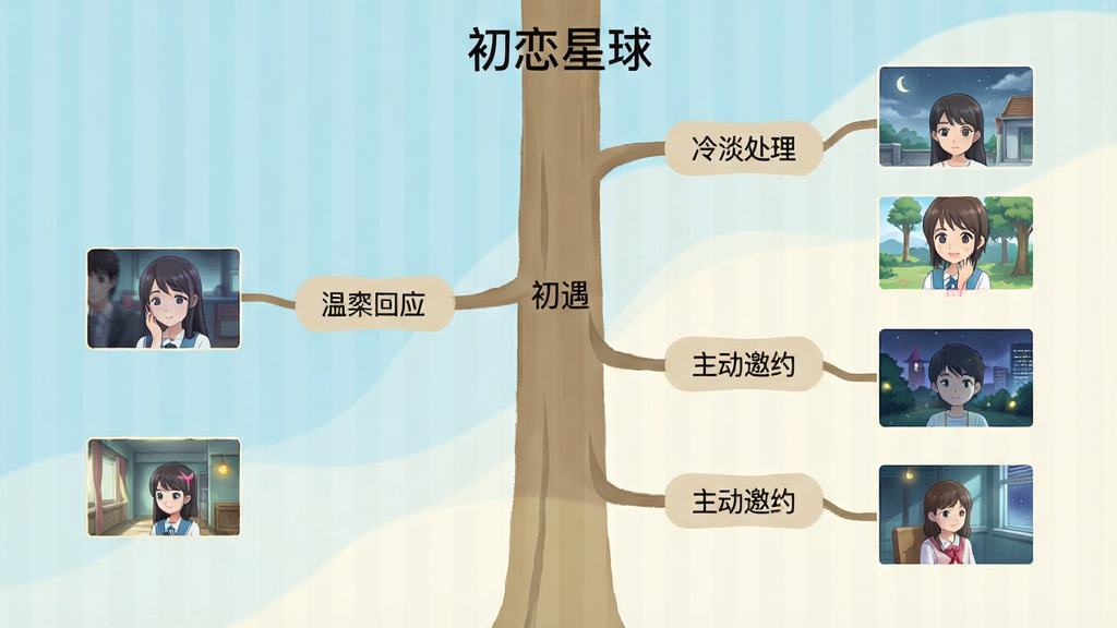 初恋星球多线剧情分支选择界面,画面以树状分支图形式展示故事走向,主树干标注“初遇”,分支延伸出“温柔回应”“冷淡处理”“主动邀约”等选项,每个分支末端连接不同场景小图,背景为浅蓝色与米白色搭配的简约风格,文字清晰,排版整齐,画质干净,无多余元素