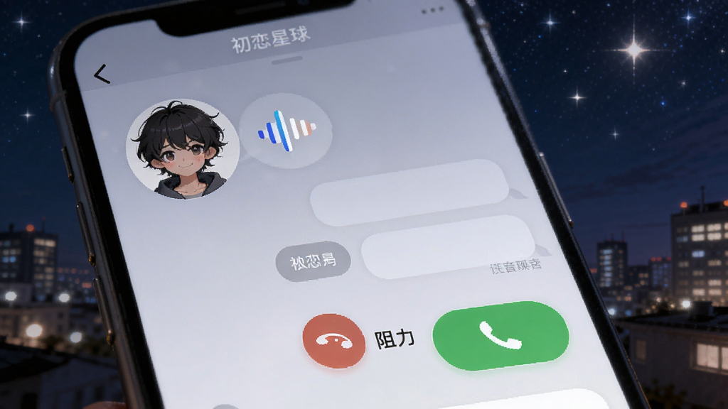 初恋星球实时聊天与语音陪伴场景,画面展示手机屏幕内角色头像旁出现语音波形图标,聊天界面中有来电阻力按钮与接听按钮,背景为夜晚城市灯光与星空,整体氛围温馨安静,画质干净,无多余元素