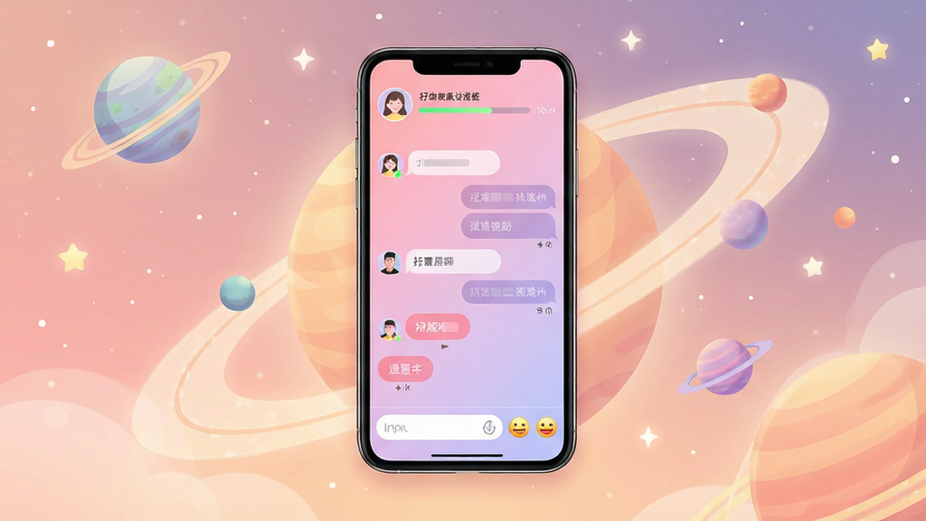 初恋星球应用主界面全景展示,画面中央放置一部竖屏智能手机,屏幕内呈现粉色与浅紫色渐变的社交聊天界面,顶部显示用户头像与好感度进度条,中部为对话气泡与选项按钮,底部为输入框与表情工具栏,背景为星空与星球环绕的柔和插画风格,整体色调温暖明亮,细节清晰,画质干净,无多余元素