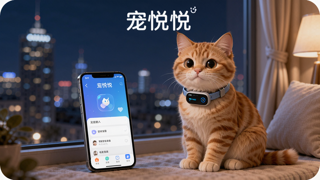 一只可爱的橘猫戴着智能项圈坐在窗台上,窗外是城市夜景,手机屏幕显示宠悦悦APP界面,主体居中构图,上方标题文字