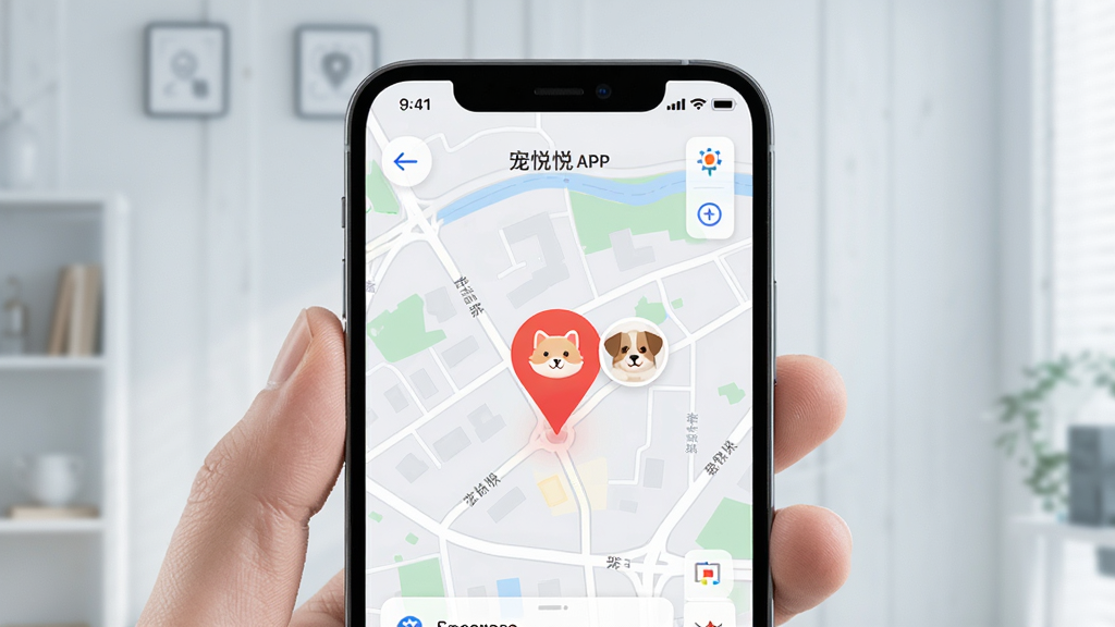 手机屏幕显示宠悦悦APP地图界面,地图上有一个红色定位标记,标记旁有宠物头像,背景是简洁的城市街道地图,主体为手机与地图,布局居中,风格清爽科技,细节清晰,画质干净明亮,无多余元素
