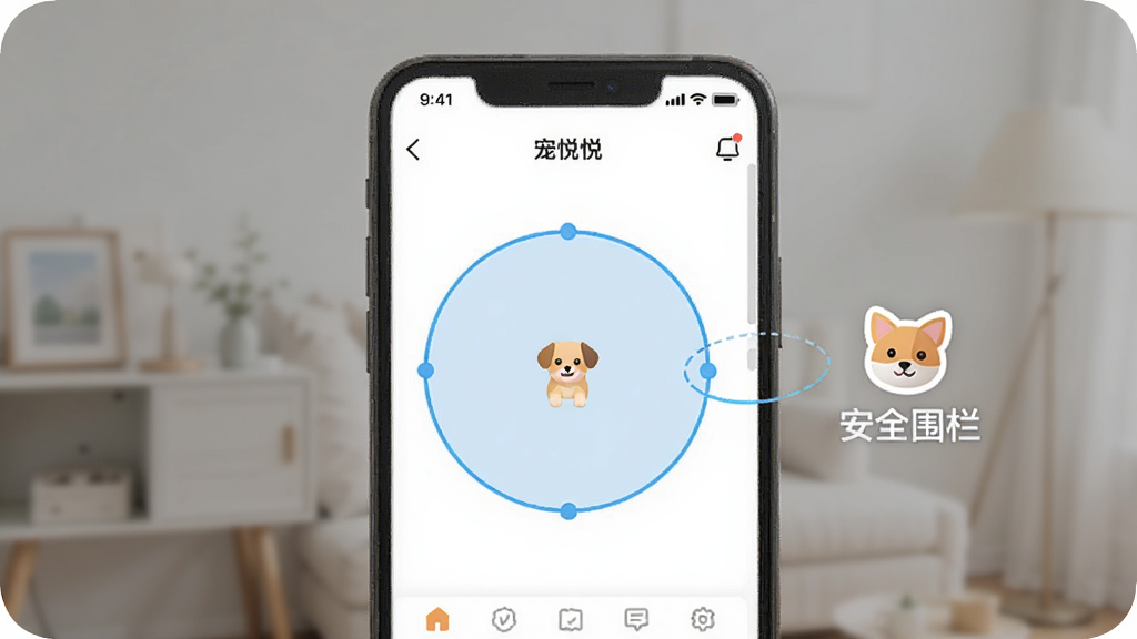 宠悦悦APP围栏设置界面,屏幕上有一个圆形安全区域,区域外有一只小狗的图标,旁边有