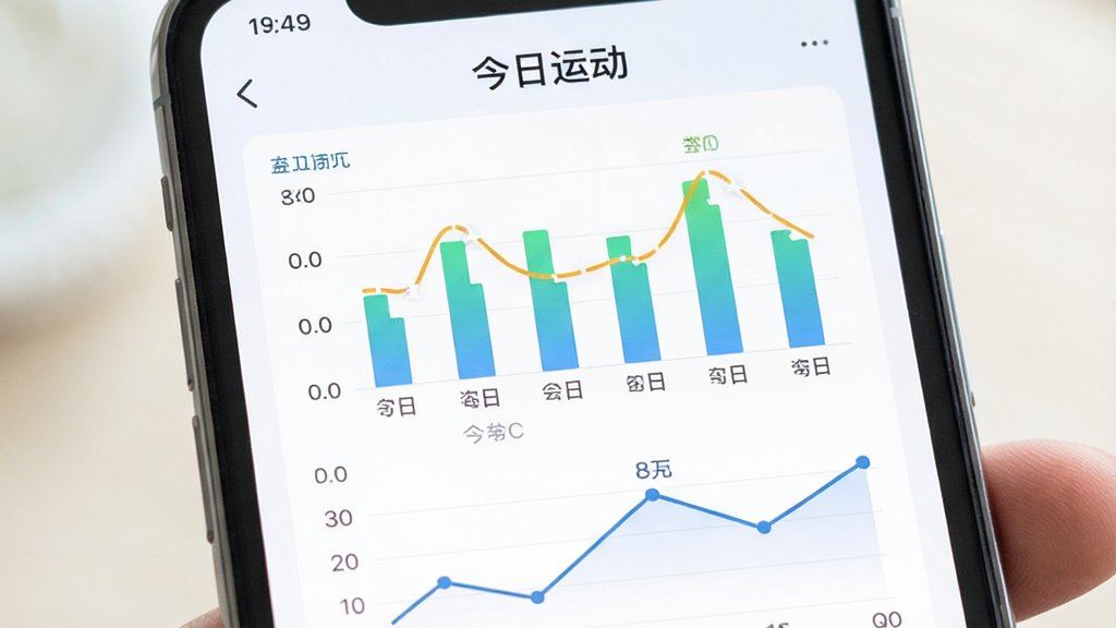 宠悦悦APP运动数据页面,屏幕显示柱状图和折线图,图表上方有