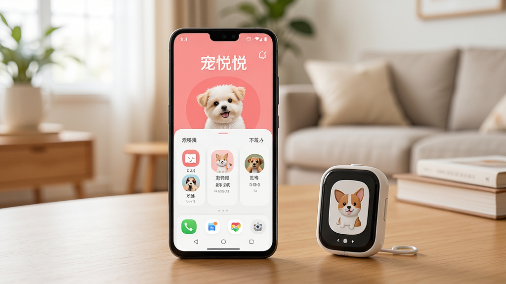 一部安卓手机放在桌面上,屏幕显示宠悦悦APP主界面,旁边放着一个小巧的宠物定位器,背景是温馨的家居环境,主体为手机与定位器,布局居中,风格生活化,细节清晰,画质干净明亮,无多余元素