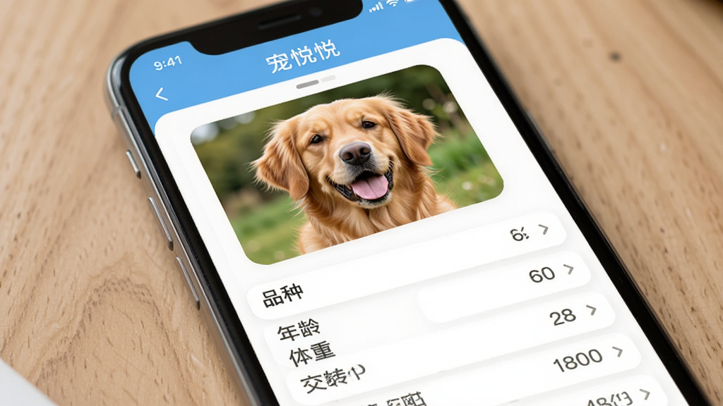 宠悦悦APP宠物档案界面,屏幕显示一只金毛犬的照片和基本信息列表,包括品种、年龄、体重等,主体为APP档案页面,布局居中,风格温馨简洁,细节清晰,画质干净明亮,无多余元素