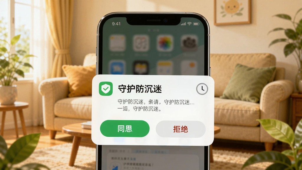 画面中心为一部手机弹出应用使用申请通知卡片,卡片上显示