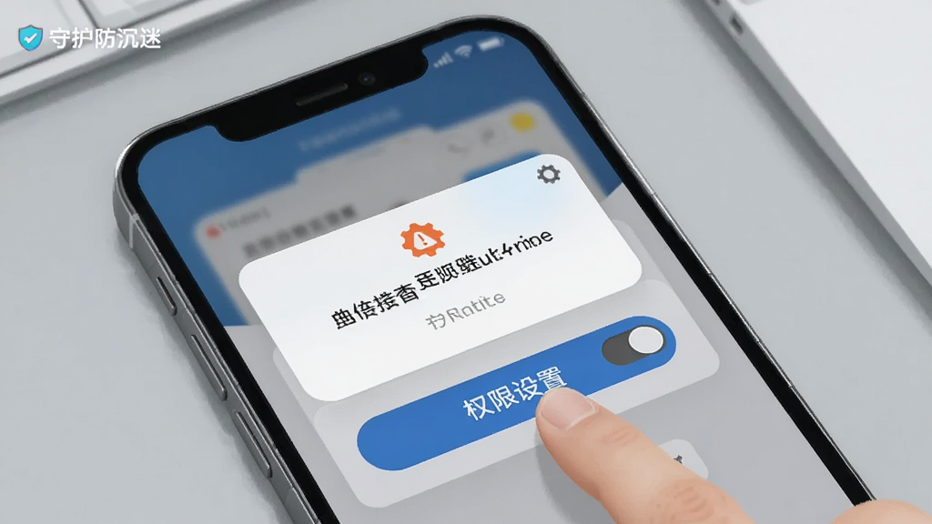 画面展示一部手机屏幕出现错误提示弹窗,旁边有手指点击「权限设置」按钮的动作特写,背景为浅灰色工作台,画面左上角放置