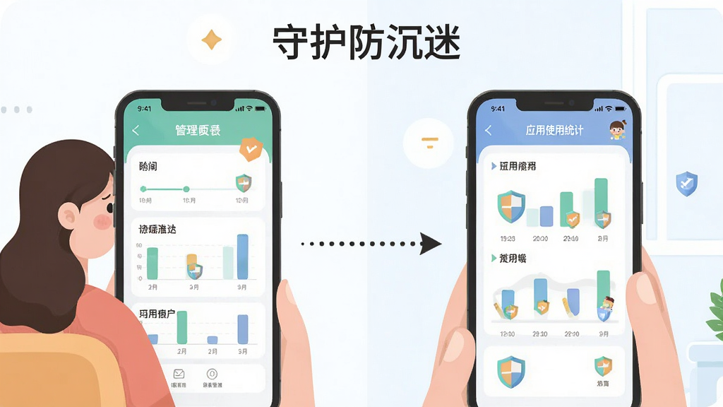 画面采用左右分屏布局,左侧为家长手机显示管理面板,右侧为孩子手机显示应用使用统计,中间以虚线箭头连接表示远程同步,画面顶部中央放置