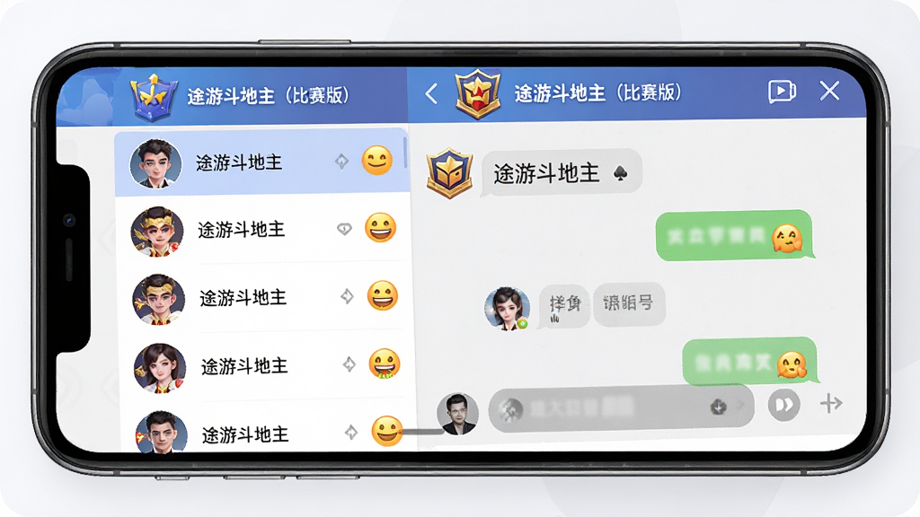 画面主体为手机屏幕展示途游斗地主(比赛版)社交界面,屏幕中有好友列表、聊天窗口和公会徽章,布局为分栏式,排版上左侧为好友头像列表、右侧为聊天内容区、顶部为公会名称,风格为现代社交应用风,细节上可见