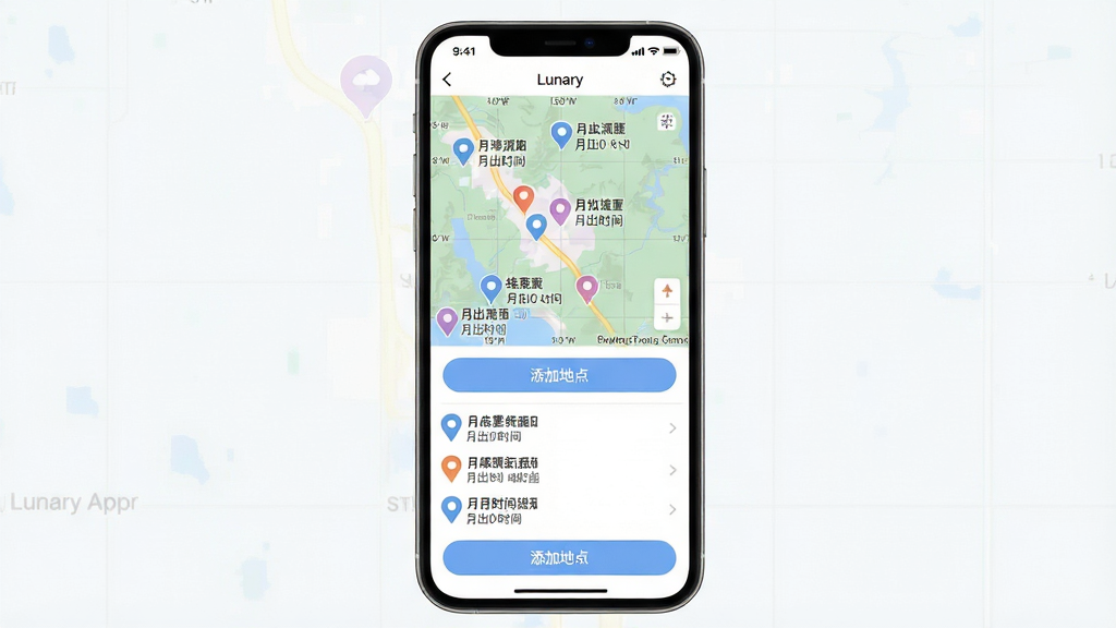 画面主体为Lunary应用中的位置管理界面,地图上标记着多个观测点图标,每个图标旁显示地点名称和月出时间,下方有“添加地点”按钮;布局为手机屏幕竖版展示,地图占据上半部分,地点列表在下半部分;排版层次分明,图标与文字对齐整齐;风格为清新地图工具风;细节包括地图上的经纬度网格、柔和的地标配色、清晰的按钮圆角;画质高清、干净、无多余元素。