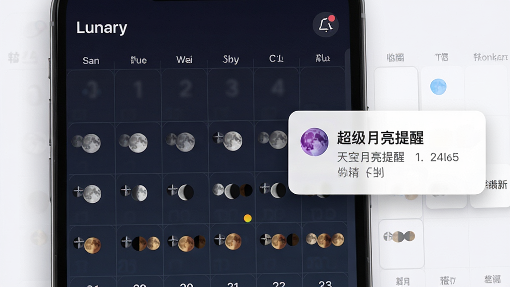 画面主体为Lunary应用中的天文事件日历界面,日历网格上标注着不同颜色的圆点代表满月、新月和月食事件,旁边有一个弹出式提醒卡片写着“超级月亮提醒”;布局为手机屏幕正面展示,日历占据主要区域;排版清晰分层,卡片浮于日历上方;风格为现代简约卡片式UI;细节包括柔和的投影效果、清晰的日期数字、图标色彩区分明确;画质高清、干净、无多余元素。