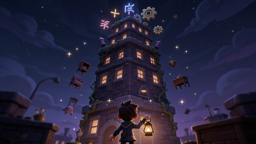 一座高耸入云的暗紫色神秘大厦矗立在夜色中,大厦窗户透出温暖的橘黄色灯光,楼顶漂浮着发光的合成符号和齿轮元素,前景有一位手持提灯的探索者背影,画面采用竖版手机游戏封面布局,风格为暗黑奇幻卡通渲染,细节包括藤蔓缠绕的砖墙、闪烁的星点光效、悬浮的家具和装饰物品,画质高清,干净,无多余元素