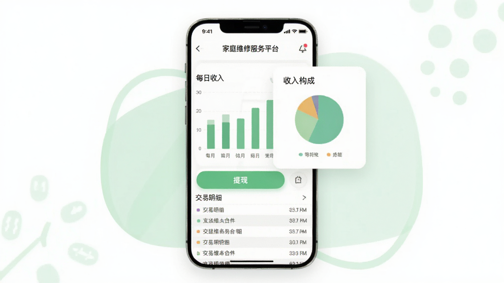 ��ͥά�޷���ƽ̨(�̼Ҷ�)����ͳ�ƽ���չʾͼ����������һ���ֻ���Ļ��ʾ��������ͼ����������״ͼչʾÿ�����롢��ͼչʾ���빹�ɡ��·������ְ�ť�ͽ�����ϸ�б�������Ϊ��ɫ����ǳ��ɫ��׺���������ǳɫ�����ʸɾ����޶���Ԫ��