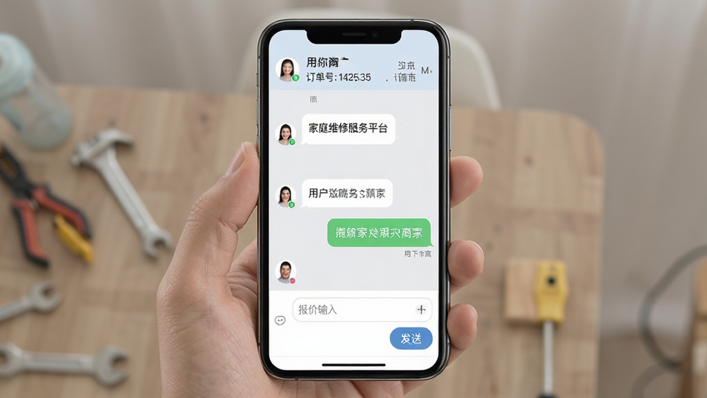 ��ͥά�޷���ƽ̨(�̼Ҷ�)���������뱨�۽���չʾͼ����������һ���ֻ���Ļ��ʾ����Ի������Ϊ�û���Ϣ���ݣ��Ҳ�Ϊ�̼һظ����ݣ��·��б��������ͷ��Ͱ�ť��������ʾ�û��ǳƺͶ�����ţ�����Ϊǳ��ɫ���챳����������¼�࣬���ʸɾ����޶���Ԫ��