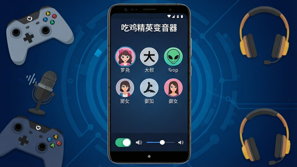 一张展示吃鸡精英变音器软件主界面的手机截图风格图片,画面中央放置一部竖屏安卓手机,手机屏幕显示软件主界面,界面顶部有“吃鸡精英变音器”标题文字,下方排列多个圆形音色选择按钮,包括萝莉、大叔、外星人、御姐等图标,底部有开关按钮和音量调节条,背景为深蓝色科技感渐变,周围点缀游戏手柄、麦克风、耳机等元素,布局简洁对称,风格为扁平化UI设计,细节清晰,画质干净,无多余元素,适合下载站配图使用。