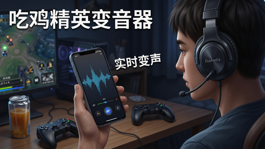 一张展示吃鸡精英变音器实时变声功能的场景图,画面中一名玩家佩戴耳机手持手机,手机屏幕显示吃鸡精英变音器正在运行,屏幕上有声波跳动的动态效果,旁边有“实时变声”字样,背景为昏暗的游戏房间,桌面上有饮料和游戏手柄,风格为写实插画,细节丰富,画质干净,无多余元素,突出软件名称“吃鸡精英变音器”。