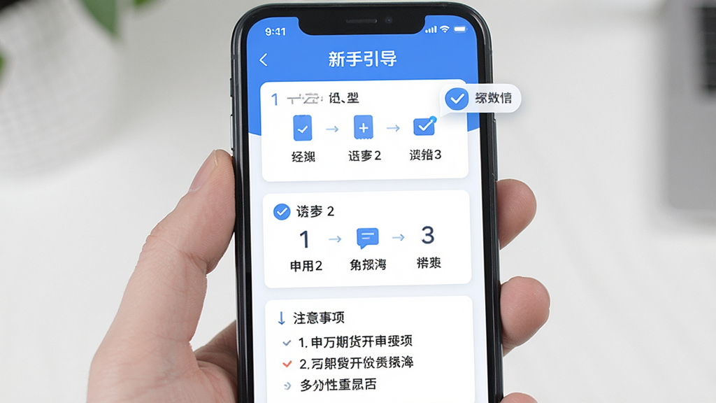 手机屏幕展示申万期货开户软件的新手引导页面,主体为分步骤的操作图示和注意事项列表,布局为纵向卡片式排列,风格为清新简约风,细节包括勾选图标、提示气泡、步骤序号,画质清晰,干净,无多余元素