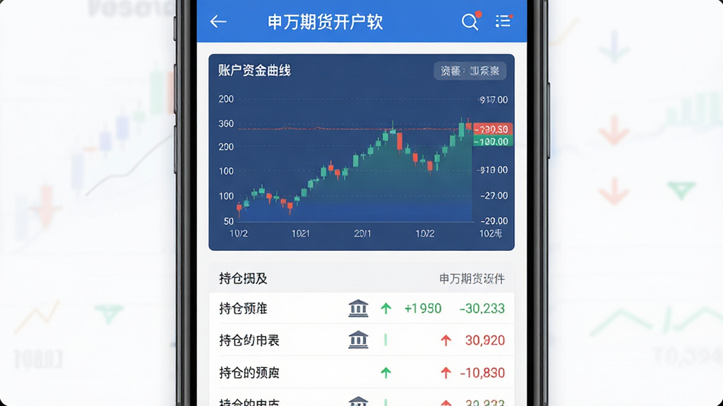 手机界面展示申万期货开户软件的资金管理页面,主体为账户资金曲线图和持仓列表,布局为上下结构,风格为扁平化金融设计,细节包括数字金额、涨跌箭头、银行图标,画质清晰,干净,无多余元素