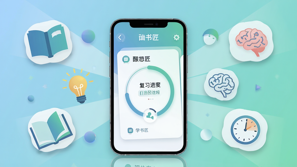 一张展示现代学习场景的数字插画,画面中央是一部智能手机,屏幕上显示着背书匠应用的记忆卡片和复习进度环,手机周围漂浮着书本、灯泡、大脑轮廓和时钟图标,布局采用中心辐射式,风格为简洁扁平化科技风,细节包含柔和的蓝绿渐变背景、清晰的UI元素和微妙的阴影,画质为高清4K,干净无多余元素,画面中不出现任何文字。