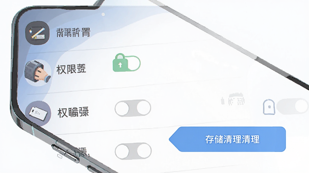 一张手机屏幕截图风格的插画,展示背书匠应用的设置界面,主体为权限开关和存储清理按钮,布局为垂直列表,风格为扁平化UI设计,细节包含彩色图标和清晰的文字标签,画质为高清,干净无多余元素。