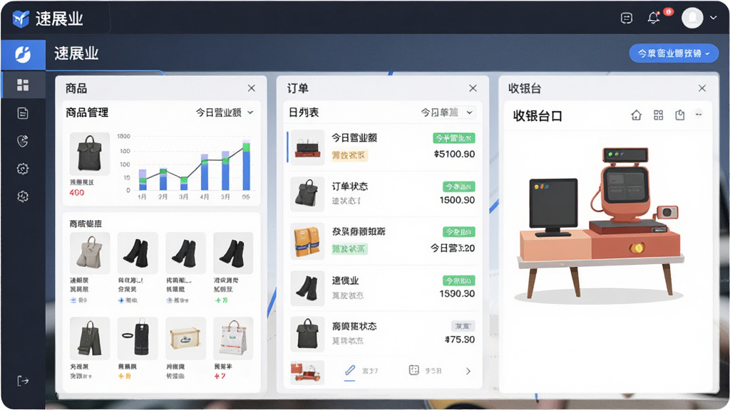 主体为速展业软件的多功能管理界面,布局为分屏展示商品管理、订单列表和收银台三个模块,风格为扁平化商务风,细节包括数据图表、商品缩略图、订单状态标签,文字包含“速展业”“今日营业额”,画质高清,干净,无多余元素。