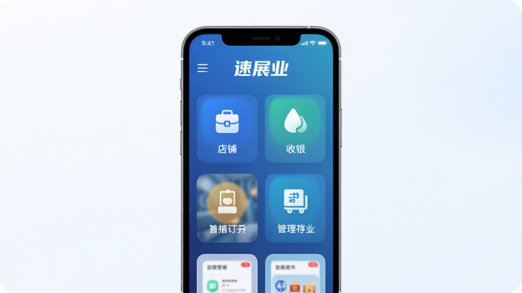主体为一部智能手机,屏幕中显示速展业软件界面,包含店铺管理、收银、订单等模块图标,布局为手机居中展示,背景为简洁的浅色渐变,风格为现代科技感,细节包括界面图标清晰、文字标识“速展业”醒目,画质高清,干净,无多余元素。